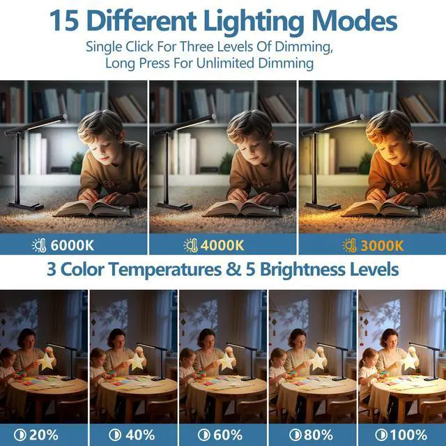 Alt view image 4 of 7 - Led Desk Lamp 360°Adjustable, Usb Charging Port, 5 Light Modes & Dimmable Brightness, Bedside Lamp for Reading, Craft, Work, Study(Black)