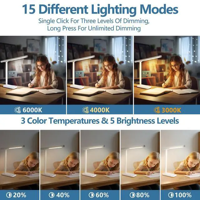 Alt view image 4 of 7 - Led Desk Lamp 360°Adjustable, Usb Charging Port, 5 Light Modes & Dimmable Brightness, Bedside Lamp for Reading, Craft, Work, Study(White)