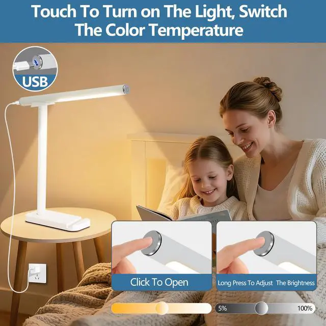 Alt view image 3 of 7 - Led Desk Lamp 360°Adjustable, Usb Charging Port, 5 Light Modes & Dimmable Brightness, Bedside Lamp for Reading, Craft, Work, Study(White)