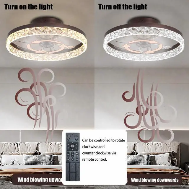 Alt view image 6 of 7 - 19.7" Ceiling Fans with Lights, Low Profile Ceiling Fan and Remote, Flush Mount Ceiling Fans, Stepless Dimmable Led Light, Brown Fixtures for Bedroom, Living Room
