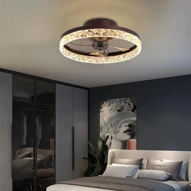 Alt view image 5 of 7 - 19.7" Ceiling Fans with Lights, Low Profile Ceiling Fan and Remote, Flush Mount Ceiling Fans, Stepless Dimmable Led Light, Brown Fixtures for Bedroom, Living Room