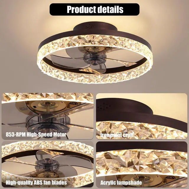 Alt view image 7 of 7 - 19.7" Ceiling Fans with Lights, Low Profile Ceiling Fan and Remote, Flush Mount Ceiling Fans, Stepless Dimmable Led Light, Brown Fixtures for Bedroom, Living Room