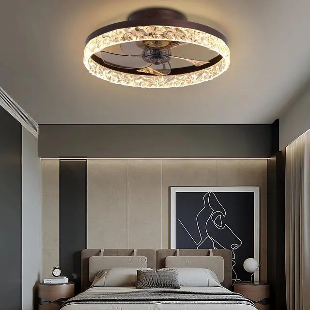 Alt view image 3 of 7 - 19.7" Ceiling Fans with Lights, Low Profile Ceiling Fan and Remote, Flush Mount Ceiling Fans, Stepless Dimmable Led Light, Brown Fixtures for Bedroom, Living Room