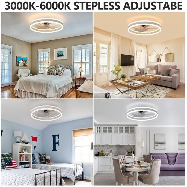 Alt view image 4 of 7 - 20" Flush Mount Ceiling Fans with Lights and Remote, 3000K-6000K Dimmable Led Fandelier Low Profile Chandelier Ceiling Fan for Bedroom Living Room, White