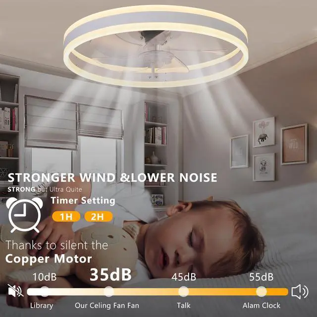 Alt view image 5 of 7 - 20" Flush Mount Ceiling Fans with Lights and Remote, 3000K-6000K Dimmable Led Fandelier Low Profile Chandelier Ceiling Fan for Bedroom Living Room, White
