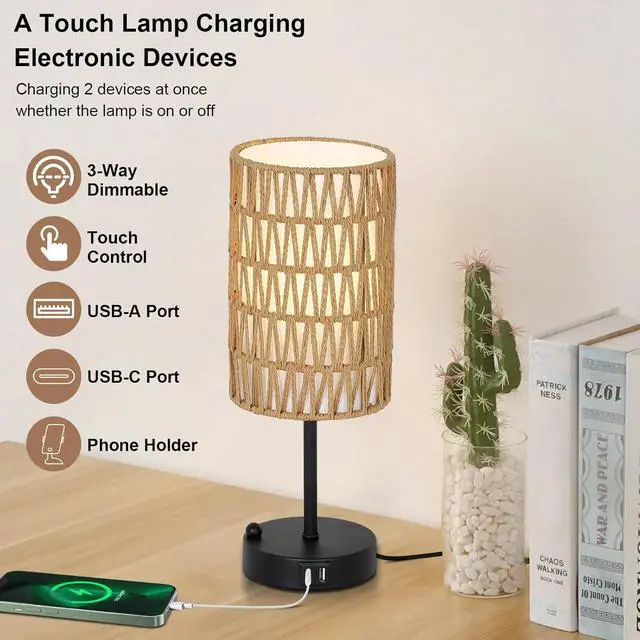 Alt view image 2 of 7 - touch Table Lamp for Bedroom with Bulb, Boho Small Desk Lamp for Living Room with Rattan & Linen Shade, 3 Way Dimmable Bedside Table Lamp for Nightstand with Usb Charging Port & Phone Stand for Office