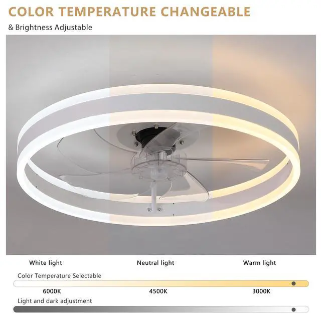 Alt view image 6 of 7 - 20" Flush Mount Ceiling Fans with Lights and Remote, 3000K-6000K Dimmable Led Fandelier Low Profile Chandelier Ceiling Fan for Bedroom Living Room, White