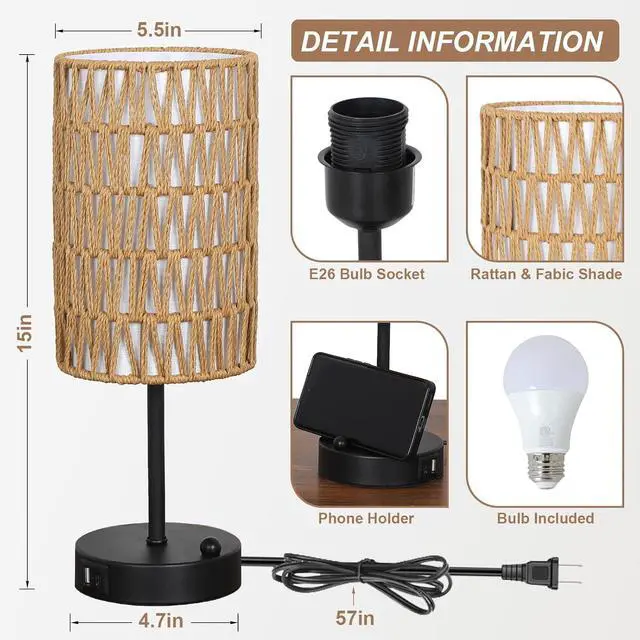 Alt view image 3 of 7 - touch Table Lamp for Bedroom with Bulb, Boho Small Desk Lamp for Living Room with Rattan & Linen Shade, 3 Way Dimmable Bedside Table Lamp for Nightstand with Usb Charging Port & Phone Stand for Office