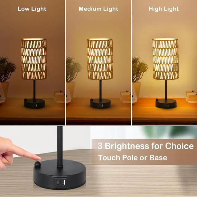 Alt view image 4 of 7 - touch Table Lamp for Bedroom with Bulb, Boho Small Desk Lamp for Living Room with Rattan & Linen Shade, 3 Way Dimmable Bedside Table Lamp for Nightstand with Usb Charging Port & Phone Stand for Office