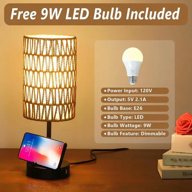 Alt view image 6 of 7 - touch Table Lamp for Bedroom with Bulb, Boho Small Desk Lamp for Living Room with Rattan & Linen Shade, 3 Way Dimmable Bedside Table Lamp for Nightstand with Usb Charging Port & Phone Stand for Office
