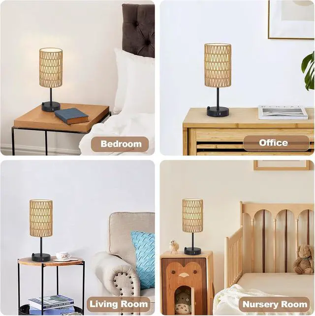 Alt view image 7 of 7 - touch Table Lamp for Bedroom with Bulb, Boho Small Desk Lamp for Living Room with Rattan & Linen Shade, 3 Way Dimmable Bedside Table Lamp for Nightstand with Usb Charging Port & Phone Stand for Office