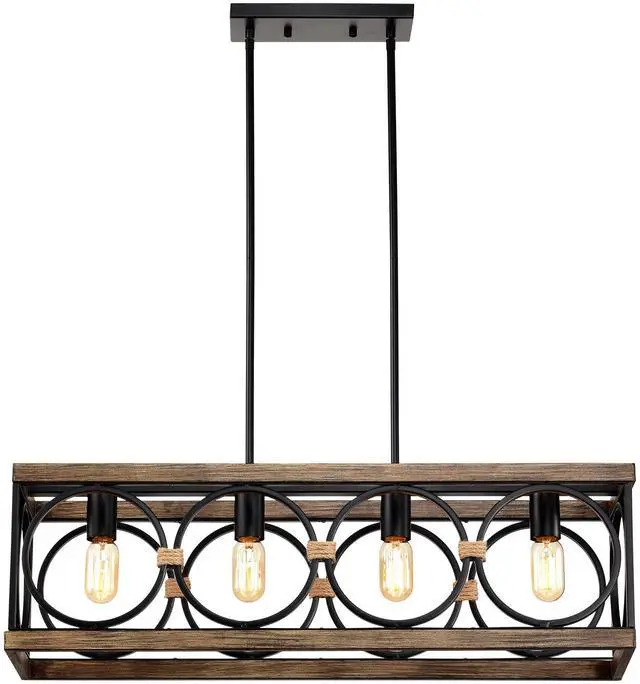 Main image of 4-Light (Bulb No included)Farmhouse Rectangle Pendant Light,31.6" Nature Wood Texture Vintage Rustic Chandeliers Black Metal industrial Hanging Light Fixtures for Kitchen, Entryway, Dining Room