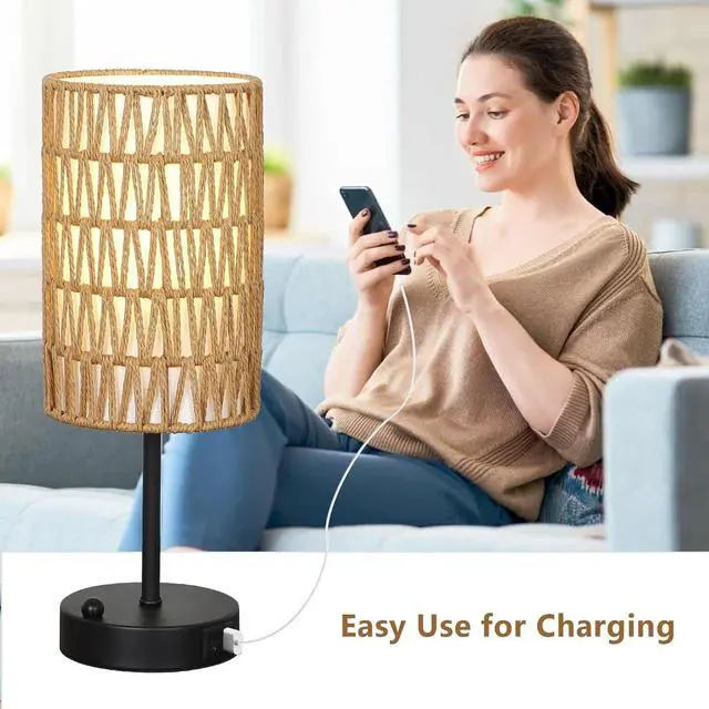 Alt view image 5 of 7 - touch Table Lamp for Bedroom with Bulb, Boho Small Desk Lamp for Living Room with Rattan & Linen Shade, 3 Way Dimmable Bedside Table Lamp for Nightstand with Usb Charging Port & Phone Stand for Office