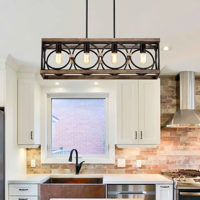 Alt view image 3 of 7 - 4-Light (Bulb No included)Farmhouse Rectangle Pendant Light,31.6" Nature Wood Texture Vintage Rustic Chandeliers Black Metal industrial Hanging Light Fixtures for Kitchen, Entryway, Dining Room