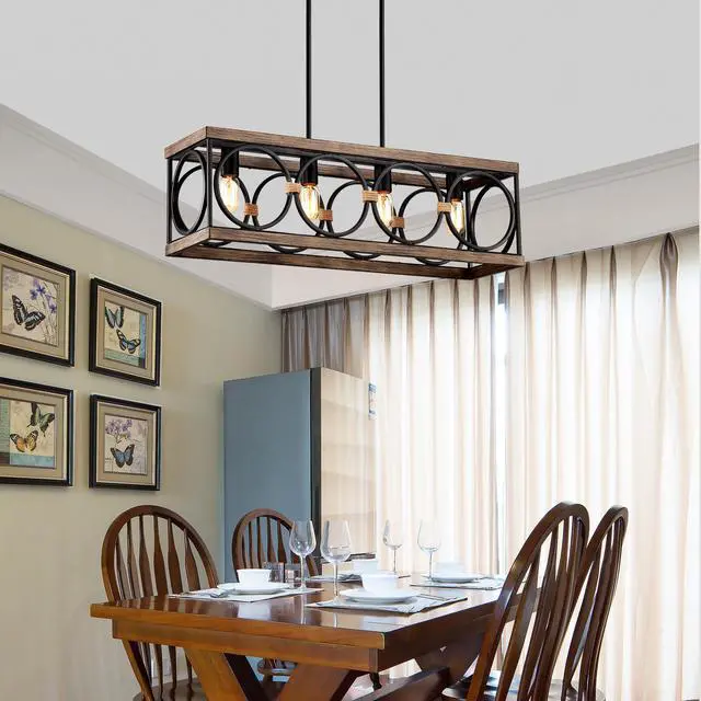Alt view image 4 of 7 - 4-Light (Bulb No included)Farmhouse Rectangle Pendant Light,31.6" Nature Wood Texture Vintage Rustic Chandeliers Black Metal industrial Hanging Light Fixtures for Kitchen, Entryway, Dining Room