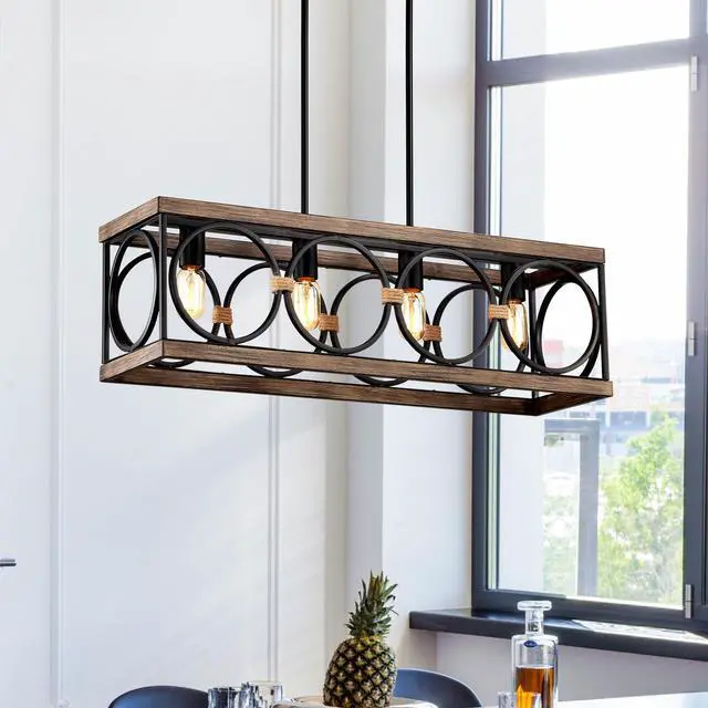 Alt view image 2 of 7 - 4-Light (Bulb No included)Farmhouse Rectangle Pendant Light,31.6" Nature Wood Texture Vintage Rustic Chandeliers Black Metal industrial Hanging Light Fixtures for Kitchen, Entryway, Dining Room
