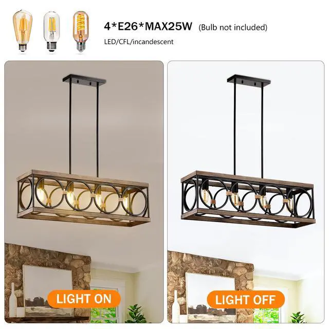Alt view image 6 of 7 - 4-Light (Bulb No included)Farmhouse Rectangle Pendant Light,31.6" Nature Wood Texture Vintage Rustic Chandeliers Black Metal industrial Hanging Light Fixtures for Kitchen, Entryway, Dining Room