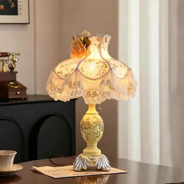 Alt view image 2 of 6 - Vintage Ivory + Pink Table Lamp,Victorian Style Table Lamp with Lace,Princess Bedside Lamps,Pleated Fabric Shade Desk Lamp,Antique Flower Night Light for Bedroom Nightstand Decorative Table Lamp