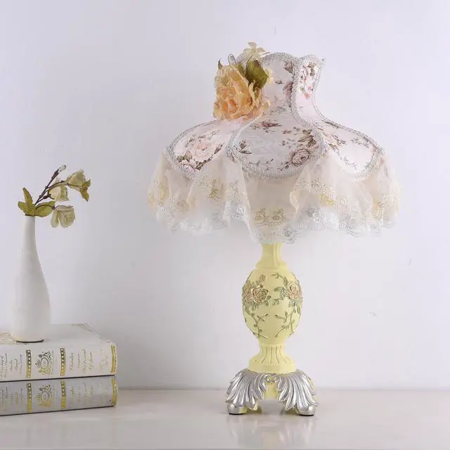 Alt view image 3 of 6 - Vintage Ivory + Pink Table Lamp,Victorian Style Table Lamp with Lace,Princess Bedside Lamps,Pleated Fabric Shade Desk Lamp,Antique Flower Night Light for Bedroom Nightstand Decorative Table Lamp