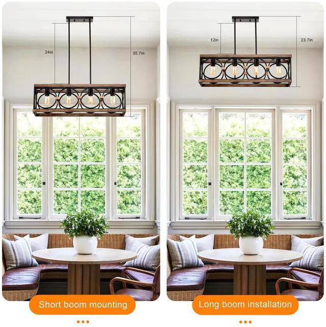 Alt view image 5 of 7 - 4-Light (Bulb No included)Farmhouse Rectangle Pendant Light,31.6" Nature Wood Texture Vintage Rustic Chandeliers Black Metal industrial Hanging Light Fixtures for Kitchen, Entryway, Dining Room