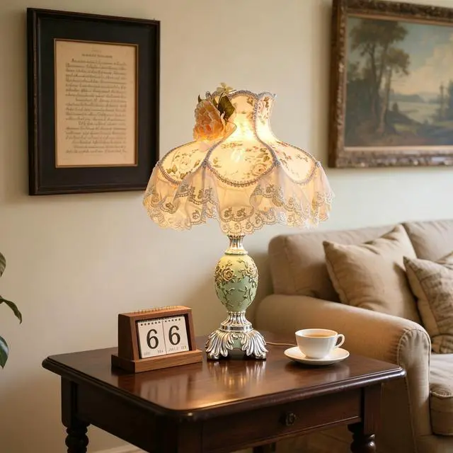 Alt view image 6 of 6 - Vintage Ivory + Pink Table Lamp,Victorian Style Table Lamp with Lace,Princess Bedside Lamps,Pleated Fabric Shade Desk Lamp,Antique Flower Night Light for Bedroom Nightstand Decorative Table Lamp