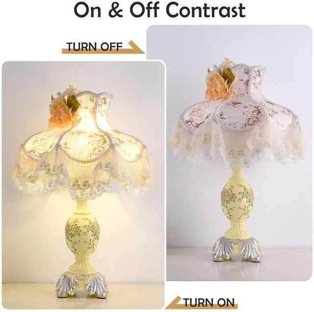 Alt view image 5 of 6 - Vintage Ivory + Pink Table Lamp,Victorian Style Table Lamp with Lace,Princess Bedside Lamps,Pleated Fabric Shade Desk Lamp,Antique Flower Night Light for Bedroom Nightstand Decorative Table Lamp