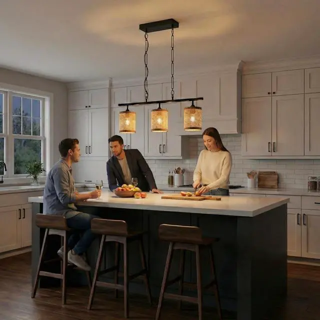 Alt view image 2 of 7 - Elysian Three Lights Island with Natural Rattan Shade Farmhouse Chain Ceiling Lamp