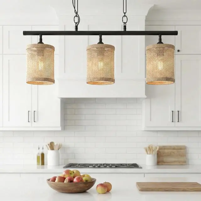 Alt view image 5 of 7 - Elysian Three Lights Island with Natural Rattan Shade Farmhouse Chain Ceiling Lamp