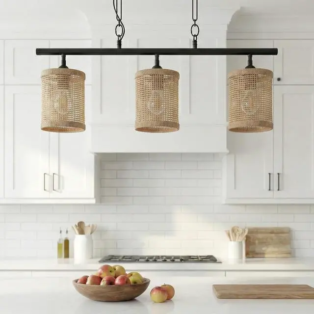 Alt view image 4 of 7 - Elysian Three Lights Island with Natural Rattan Shade Farmhouse Chain Ceiling Lamp