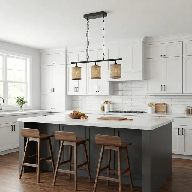 Alt view image 3 of 7 - Elysian Three Lights Island with Natural Rattan Shade Farmhouse Chain Ceiling Lamp