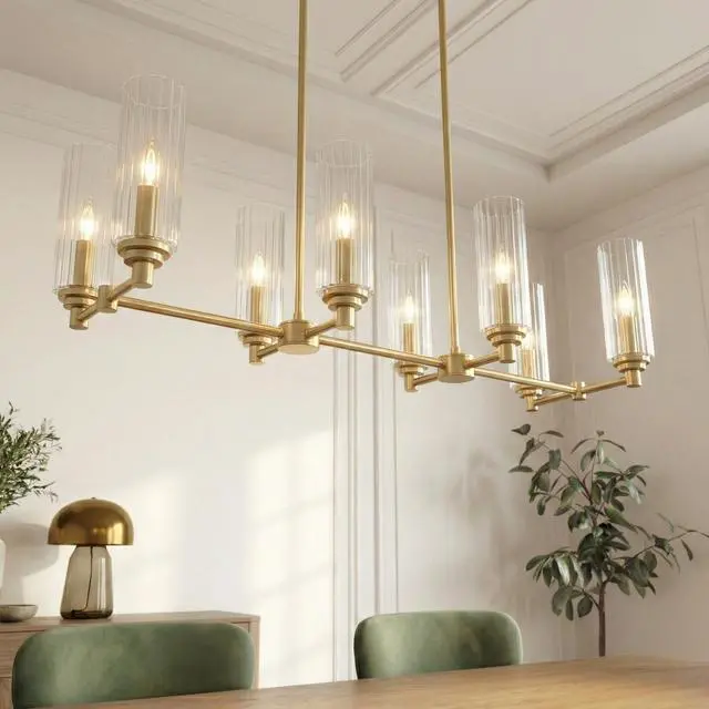Alt view image 2 of 7 - Willow Eight Lights Island with Clear Ribbed Glass Pendant Lamp - Satin Brass