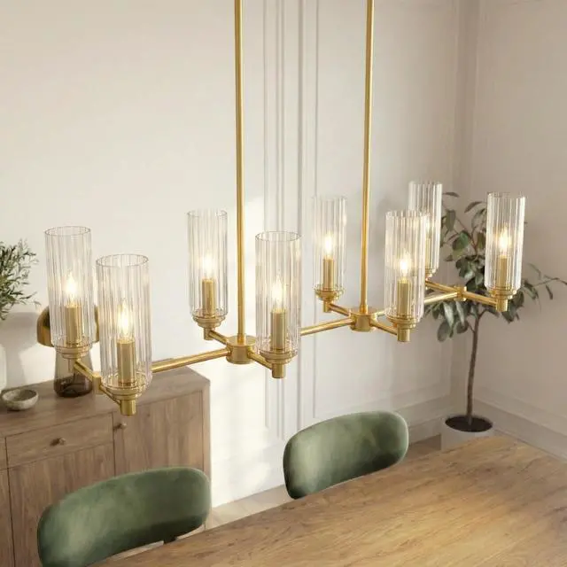 Alt view image 3 of 7 - Willow Eight Lights Island with Clear Ribbed Glass Pendant Lamp - Satin Brass
