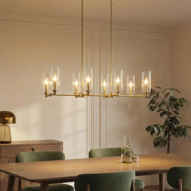 Main image of Willow Eight Lights Island with Clear Ribbed Glass Pendant Lamp - Satin Brass