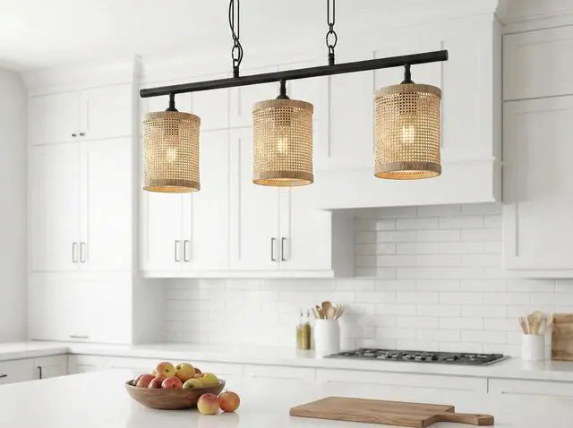 Alt view image 6 of 7 - Elysian Three Lights Island with Natural Rattan Shade Farmhouse Chain Ceiling Lamp