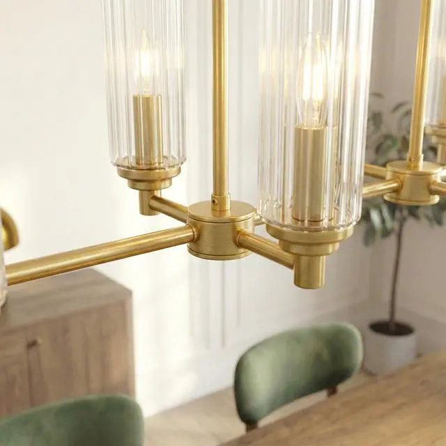 Alt view image 5 of 7 - Willow Eight Lights Island with Clear Ribbed Glass Pendant Lamp - Satin Brass