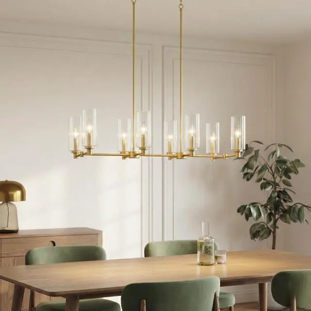 Alt view image 6 of 7 - Willow Eight Lights Island with Clear Ribbed Glass Pendant Lamp - Satin Brass