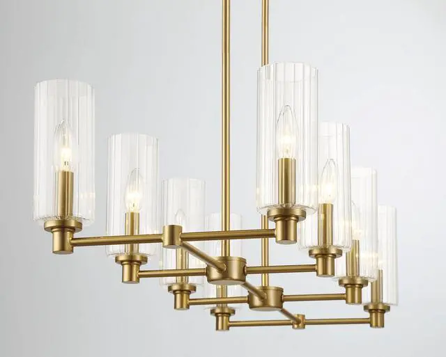 Alt view image 7 of 7 - Willow Eight Lights Island with Clear Ribbed Glass Pendant Lamp - Satin Brass