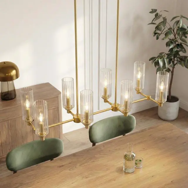 Alt view image 4 of 7 - Willow Eight Lights Island with Clear Ribbed Glass Pendant Lamp - Satin Brass