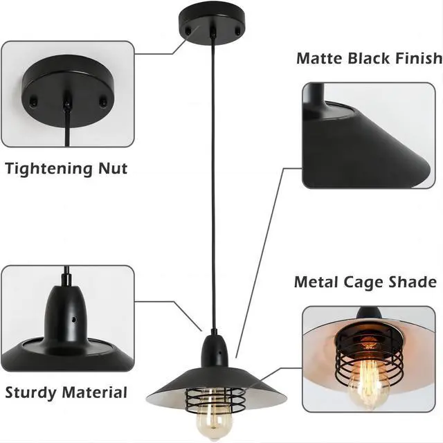 Alt view image 6 of 7 - Farmhouse Vintage Pendant Light Black Fixture Pendant Lights with Spring Frame Adjustable Metal Hanging Lamp for Kitchen Island Dining Room Bedroom Living Room Barn Entryy, E26