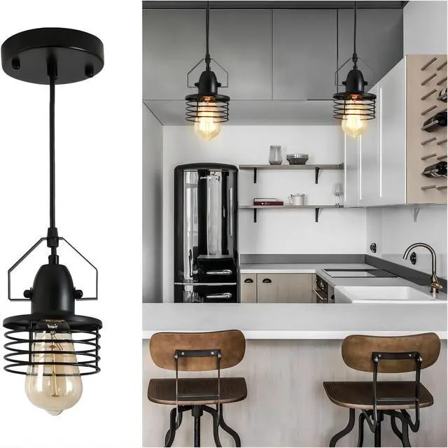 Alt view image 2 of 7 - industrial Black Pendant Light Metal Cage Pendant Lights Dining Room Hanging Lighting for Kitchen Island Living Room Bedroom Entryy Barn Farmhouse,Spring Shade,E26 Bulb(1 Light)