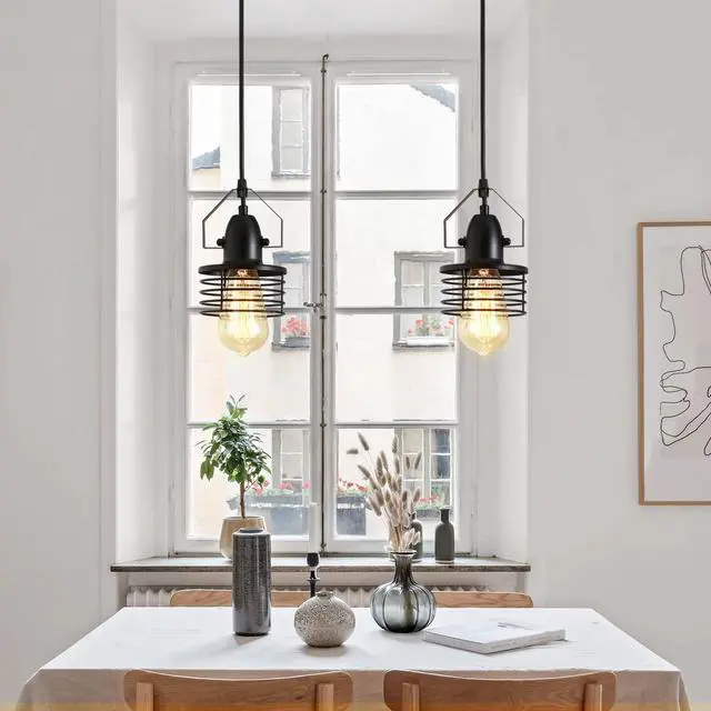 Alt view image 3 of 7 - industrial Black Pendant Light Metal Cage Pendant Lights Dining Room Hanging Lighting for Kitchen Island Living Room Bedroom Entryy Barn Farmhouse,Spring Shade,E26 Bulb(1 Light)