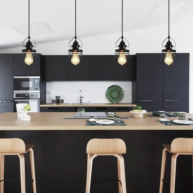 Alt view image 5 of 7 - industrial Black Pendant Light Metal Cage Pendant Lights Dining Room Hanging Lighting for Kitchen Island Living Room Bedroom Entryy Barn Farmhouse,Spring Shade,E26 Bulb(1 Light)