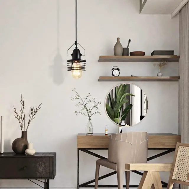 Alt view image 6 of 7 - industrial Black Pendant Light Metal Cage Pendant Lights Dining Room Hanging Lighting for Kitchen Island Living Room Bedroom Entryy Barn Farmhouse,Spring Shade,E26 Bulb(1 Light)