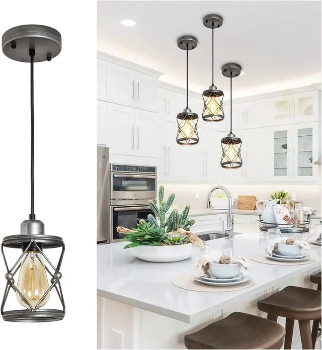 Alt view image 2 of 7 - industrial Pendant Lighting for Kitchen Island, Rustic Mini Cage Pendant Light, Farmhouse Pendant Lamp with Silver Grey Adjustable for Dining Room, Hallway, Entryway, Bedroom