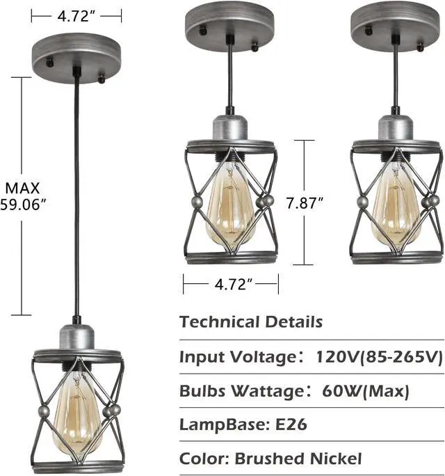 Alt view image 6 of 7 - industrial Pendant Lighting for Kitchen Island, Rustic Mini Cage Pendant Light, Farmhouse Pendant Lamp with Silver Grey Adjustable for Dining Room, Hallway, Entryway, Bedroom