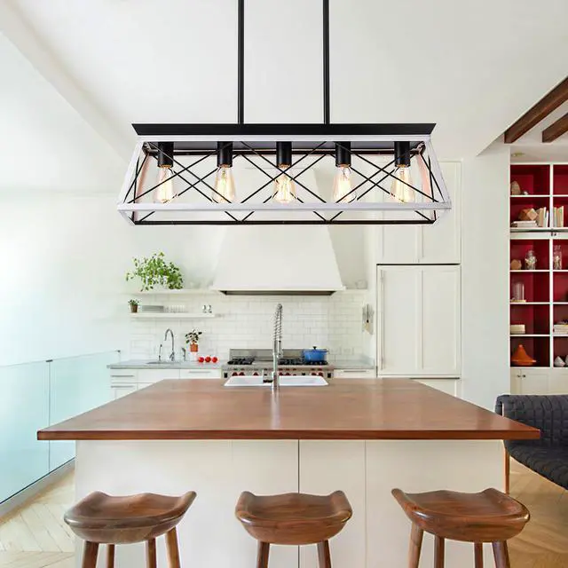 Main image of 32" Black White industrial 5-Light Pendant Chandelier, Modern Metal Cage Design, Adjustable Hanging Light for Dining Room, Kitchen, Living Room (No Bulbs)