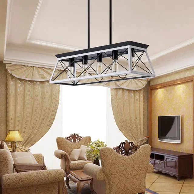 Alt view image 3 of 7 - 32" Black White industrial 5-Light Pendant Chandelier, Modern Metal Cage Design, Adjustable Hanging Light for Dining Room, Kitchen, Living Room (No Bulbs)