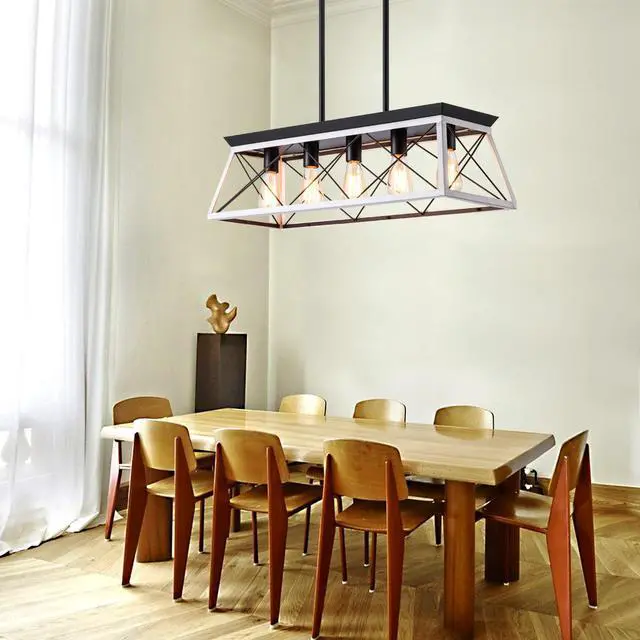Alt view image 2 of 7 - 32" Black White industrial 5-Light Pendant Chandelier, Modern Metal Cage Design, Adjustable Hanging Light for Dining Room, Kitchen, Living Room (No Bulbs)
