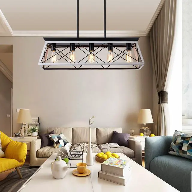 Alt view image 4 of 7 - 32" Black White industrial 5-Light Pendant Chandelier, Modern Metal Cage Design, Adjustable Hanging Light for Dining Room, Kitchen, Living Room (No Bulbs)