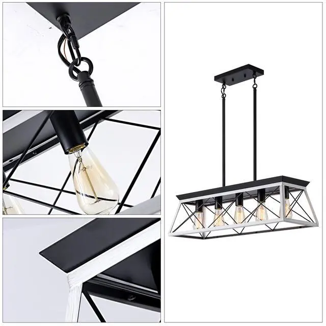 Alt view image 5 of 7 - 32" Black White industrial 5-Light Pendant Chandelier, Modern Metal Cage Design, Adjustable Hanging Light for Dining Room, Kitchen, Living Room (No Bulbs)